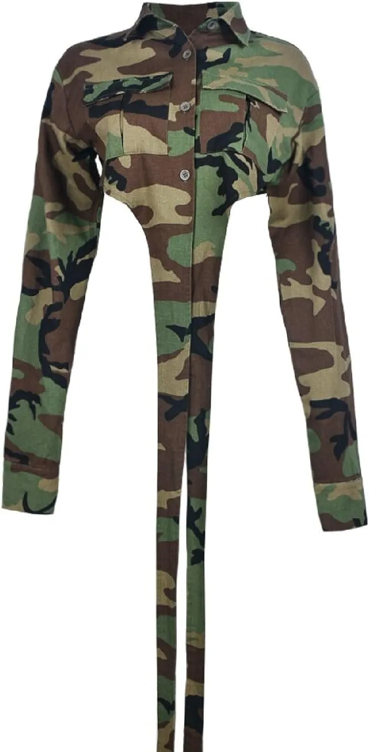 Ptorlio Womens Casual Cropped Camo Jacket Long Sleeve Camouflage Fall Jackets Y2K Coat Outerwear