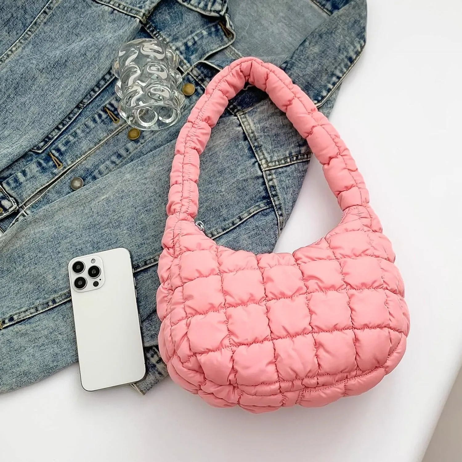 Puffer Quilted Shoulder Bag for Women Handbag Puffy Hobo Nylon Padded Tote Bag Soft Purse Lightweight