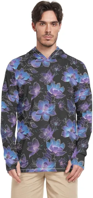 Purple Cool flower Mens Sun Shirts Protection Long Sleeve Fishing Shirt UPF 50  Quick Dry Rash Guard For Men Clothing Hood Shirts playeras con gorro para hombre de trabajo