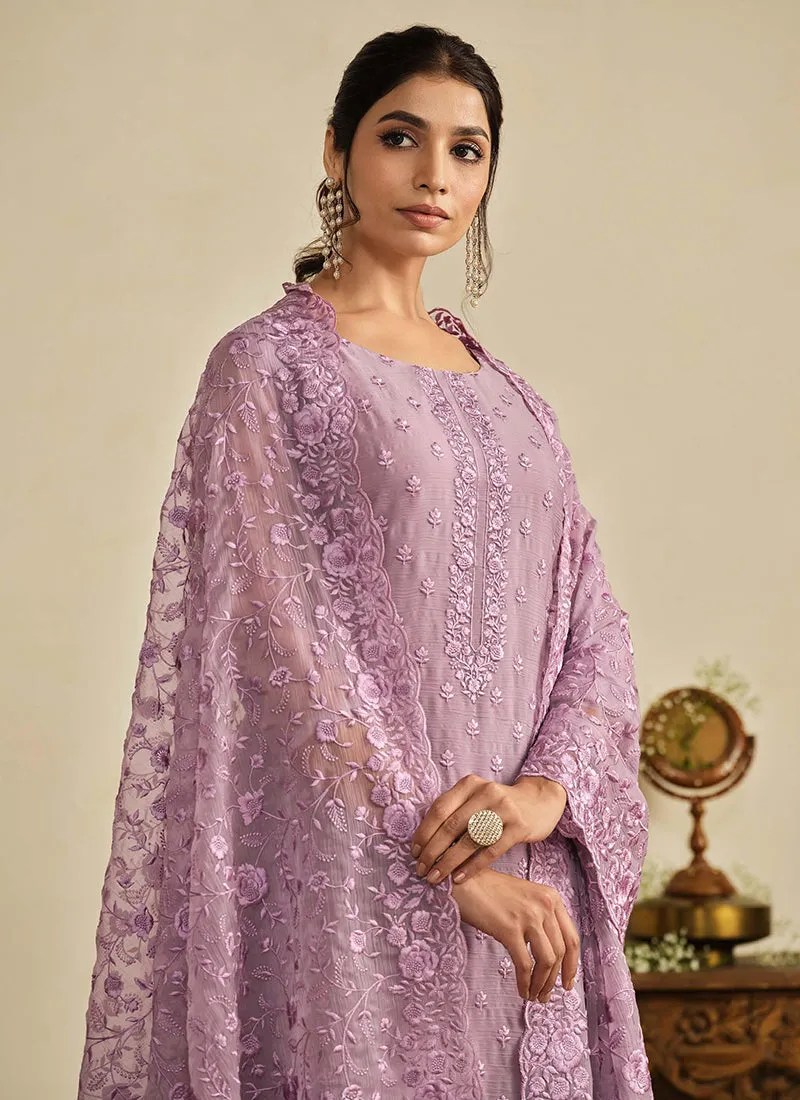 Purple Thread Work Embroidery Pakistani Pant Suit