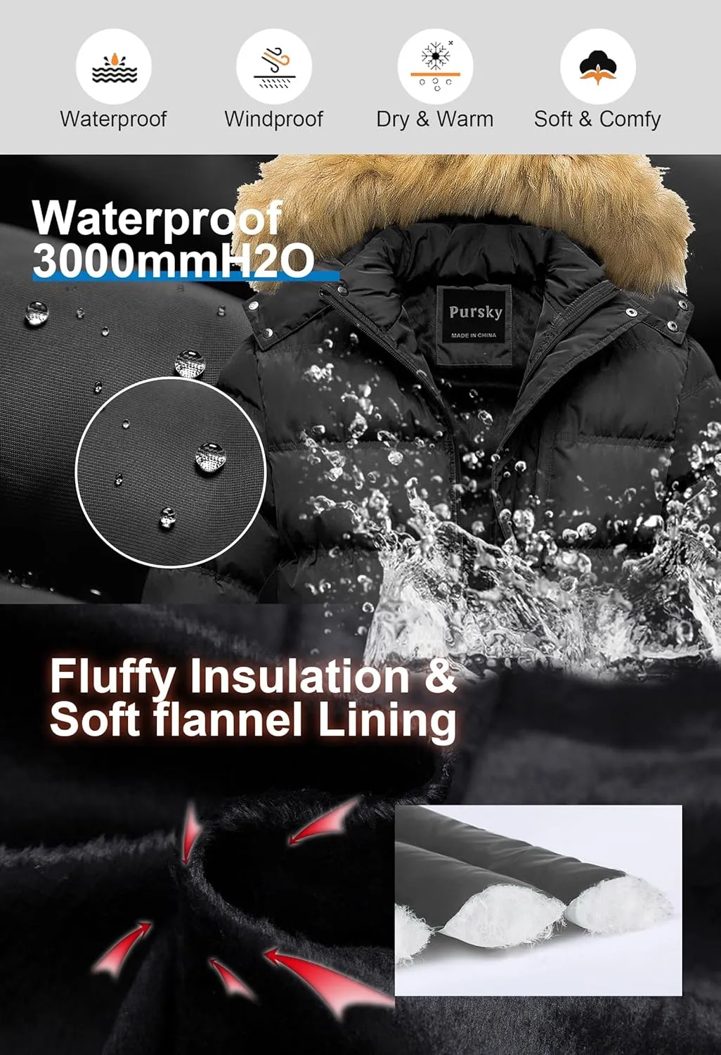 Pursky Men's Puffer Jacket Waterproof Winter Bubble Coats Ski Parka Fur Hooded