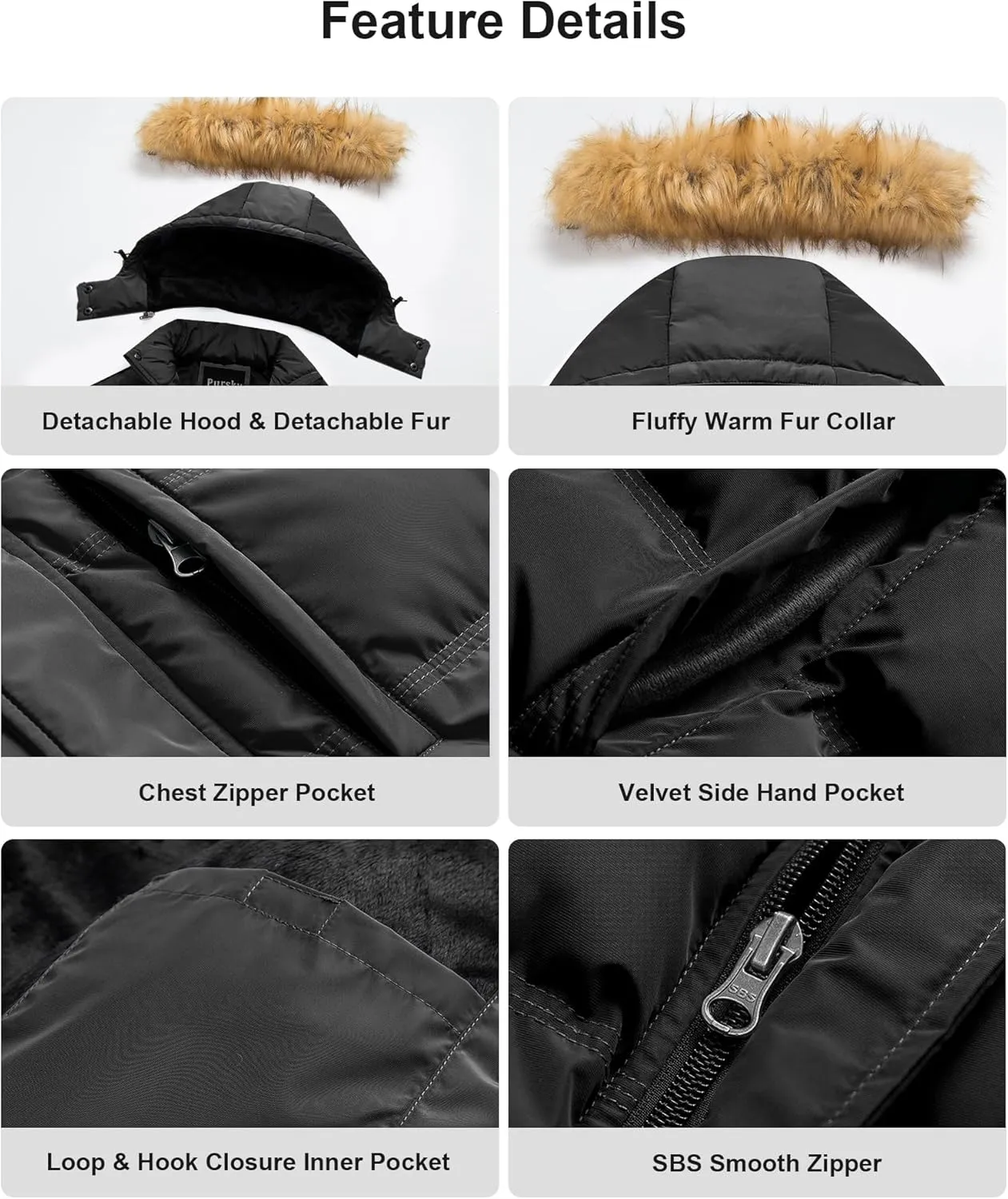 Pursky Men's Puffer Jacket Waterproof Winter Bubble Coats Ski Parka Fur Hooded
