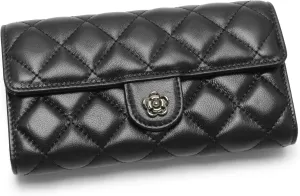 Quilted Genuine Leather Clutch Wallet with Chain Strap, Soft Lambskin, Diamond Pattern, Black