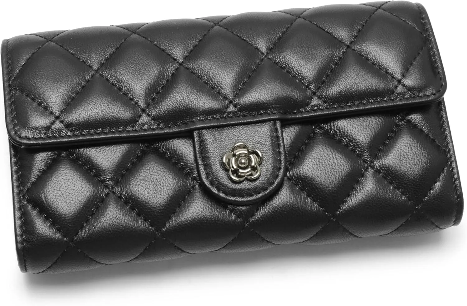 Quilted Genuine Leather Clutch Wallet with Chain Strap, Soft Lambskin, Diamond Pattern, Black