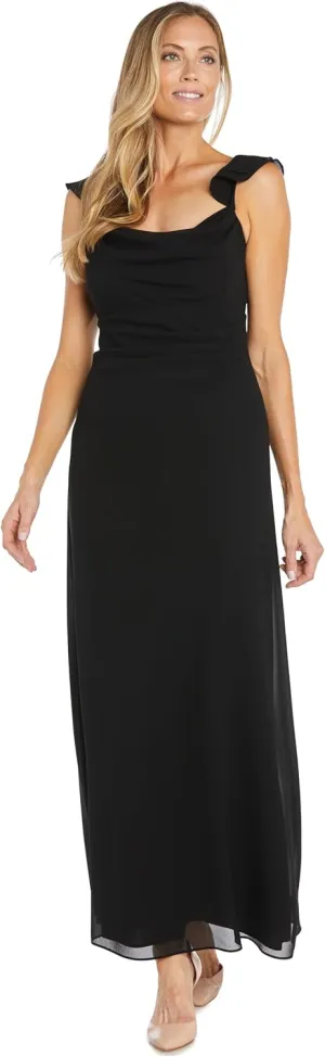 R&M Richards Long Chiffon Dress W/Flutter Sleeves, Cowl Neck & Side Drape