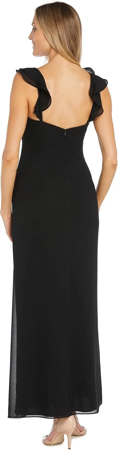 R&M Richards Long Chiffon Dress W/Flutter Sleeves, Cowl Neck & Side Drape