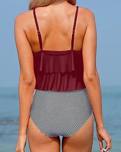 Retro Ruffle Tops Tankini Swimsuits For Women High Waisted Bottoms-Wine Red Stripes