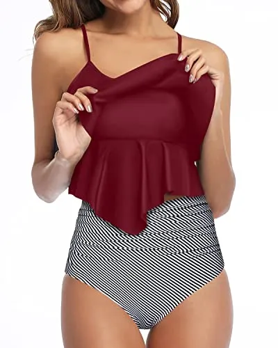Retro Ruffle Tops Tankini Swimsuits For Women High Waisted Bottoms-Wine Red Stripes