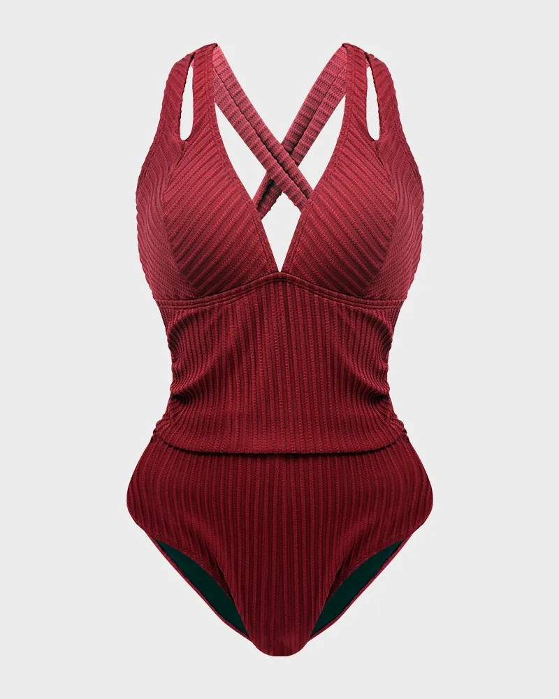 Ribbed Deep V Cross-Back Tie One-Piece Swimsuit