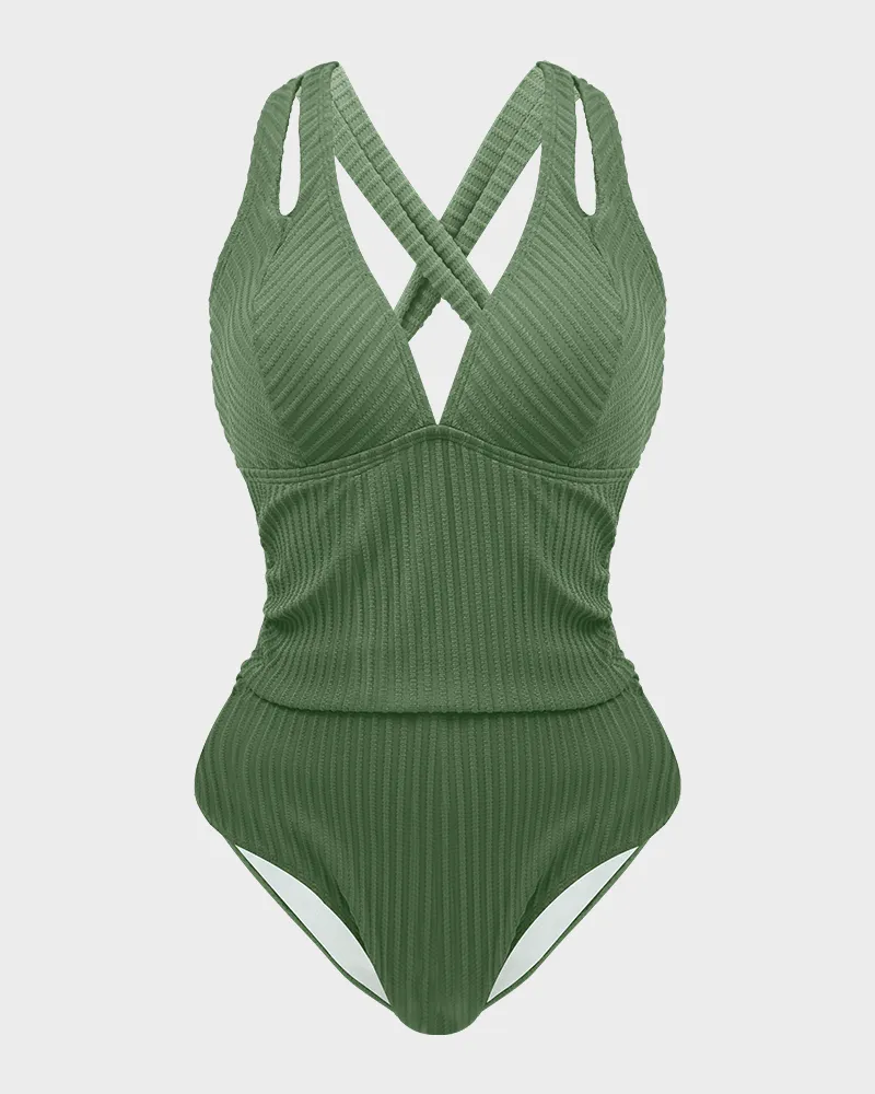 Ribbed Deep V Cross-Back Tie One-Piece Swimsuit