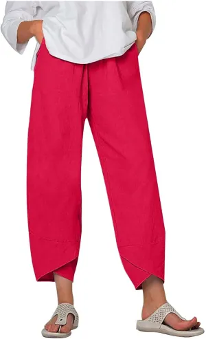 RKSTN Linen Pants Women Summer 2024 Trendy Womens Capri Pants Casual Solid Wide Leg Pants Elastic Waist Cropped Trousers