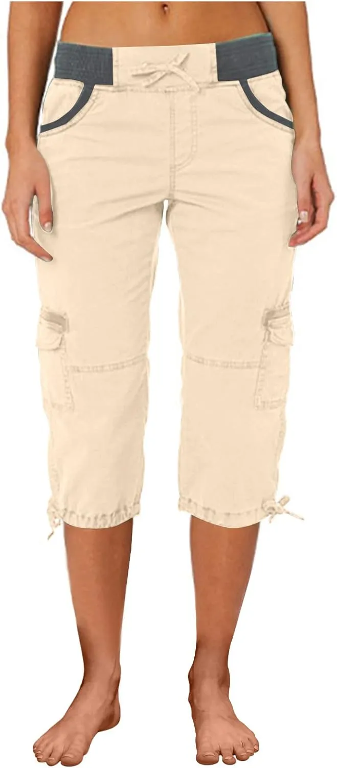 RKSTN Summer Capri Pants for Women Casual Cargo Pant Elastic Waist Cropped Trouser Pants with Pockets Plain Capris