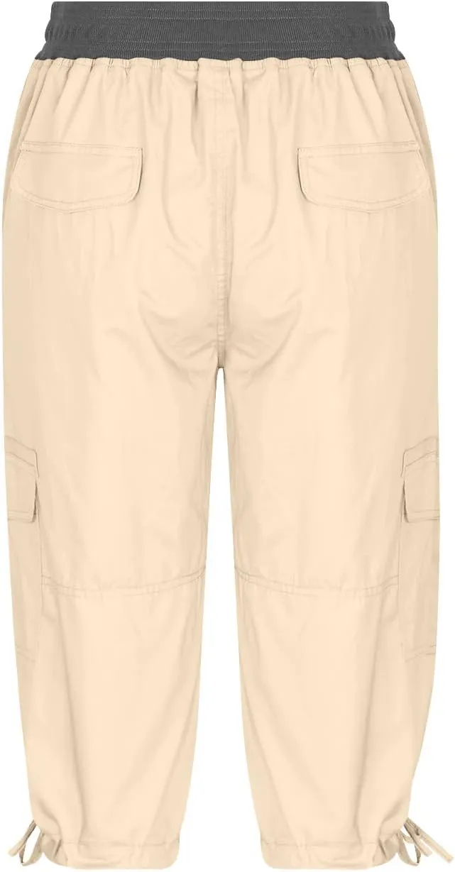 RKSTN Summer Capri Pants for Women Casual Cargo Pant Elastic Waist Cropped Trouser Pants with Pockets Plain Capris