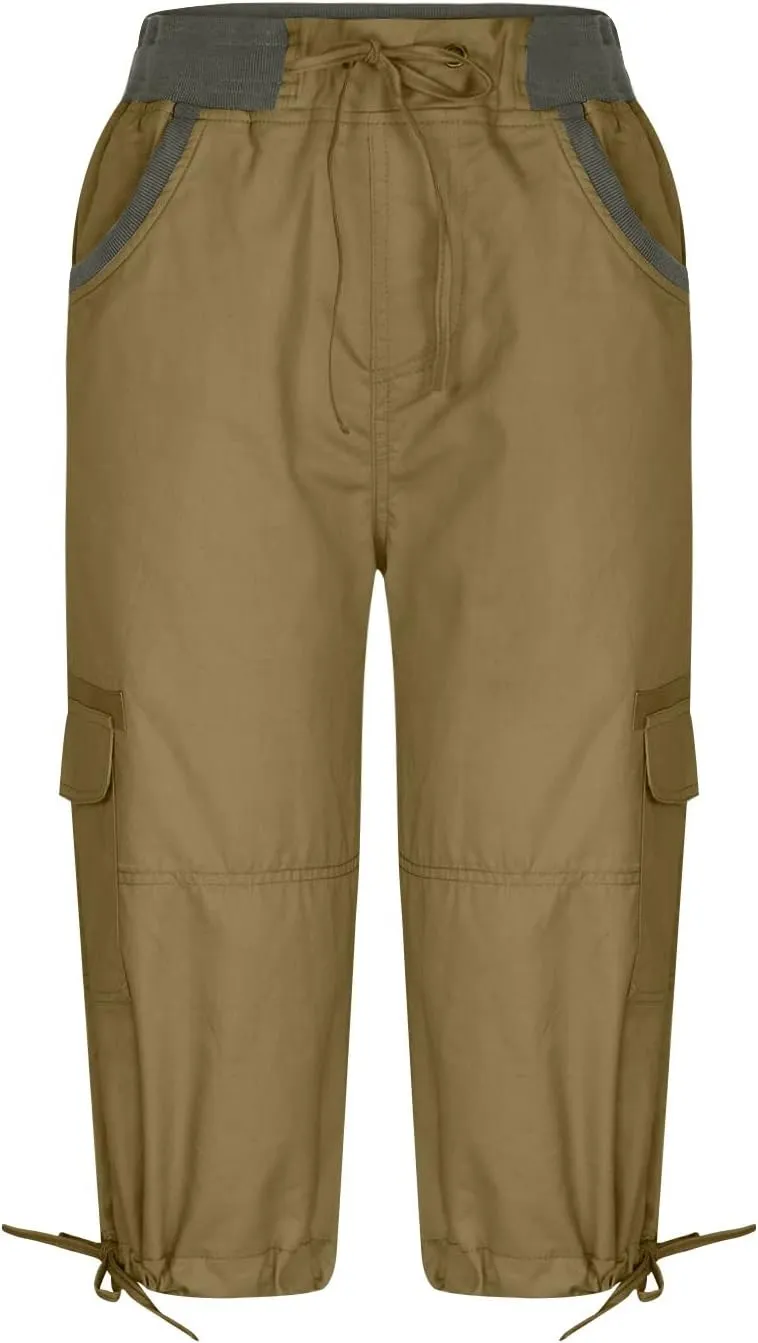 RKSTN Summer Capri Pants for Women Casual Cargo Pant Elastic Waist Cropped Trouser Pants with Pockets Plain Capris