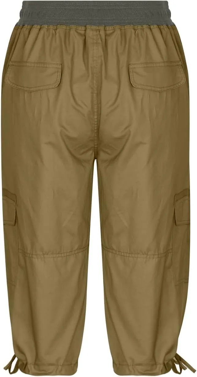RKSTN Summer Capri Pants for Women Casual Cargo Pant Elastic Waist Cropped Trouser Pants with Pockets Plain Capris