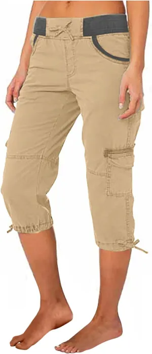 RKSTN Summer Capri Pants for Women Casual Cargo Pant Elastic Waist Cropped Trouser Pants with Pockets Plain Capris