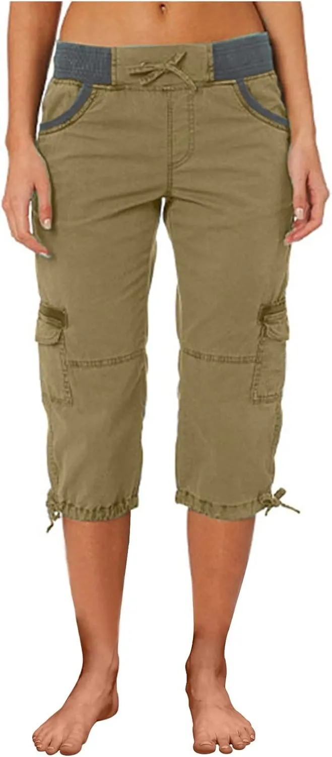 RKSTN Summer Capri Pants for Women Casual Cargo Pant Elastic Waist Cropped Trouser Pants with Pockets Plain Capris
