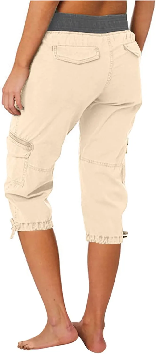 RKSTN Summer Capri Pants for Women Casual Cargo Pant Elastic Waist Cropped Trouser Pants with Pockets Plain Capris