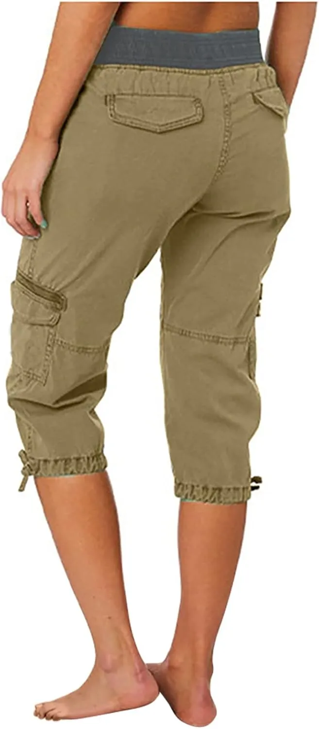 RKSTN Summer Capri Pants for Women Casual Cargo Pant Elastic Waist Cropped Trouser Pants with Pockets Plain Capris