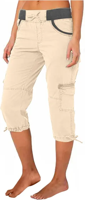 RKSTN Summer Capri Pants for Women Casual Cargo Pant Elastic Waist Cropped Trouser Pants with Pockets Plain Capris