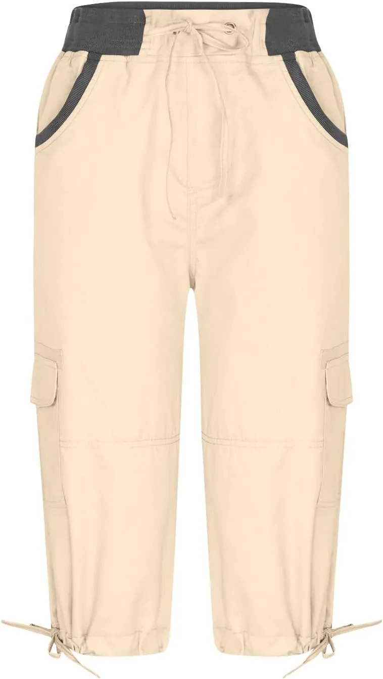 RKSTN Summer Capri Pants for Women Casual Cargo Pant Elastic Waist Cropped Trouser Pants with Pockets Plain Capris
