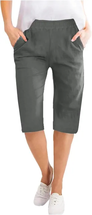 RKSTN Women Half Linen Pants with Pockets Elastic Waist Shorts Summer Beach Capris Solid Straight Wide Leg Knee Length Pant