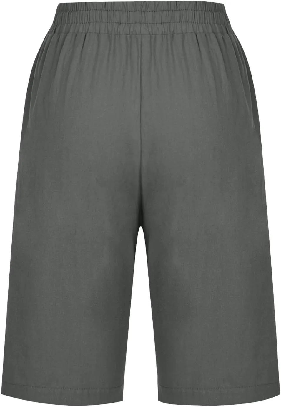 RKSTN Women Half Linen Pants with Pockets Elastic Waist Shorts Summer Beach Capris Solid Straight Wide Leg Knee Length Pant