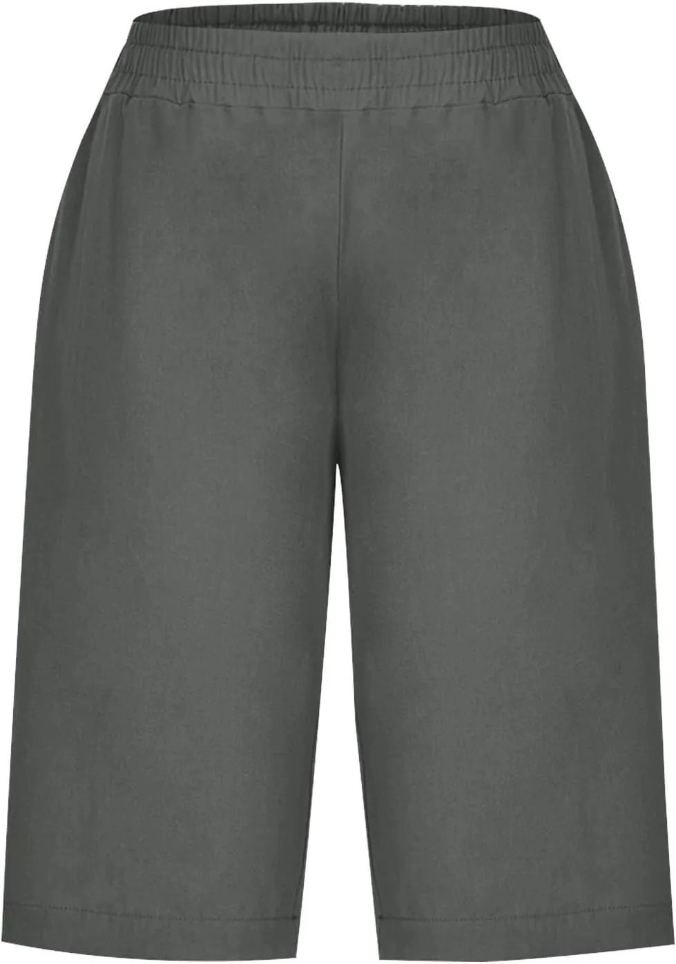 RKSTN Women Half Linen Pants with Pockets Elastic Waist Shorts Summer Beach Capris Solid Straight Wide Leg Knee Length Pant