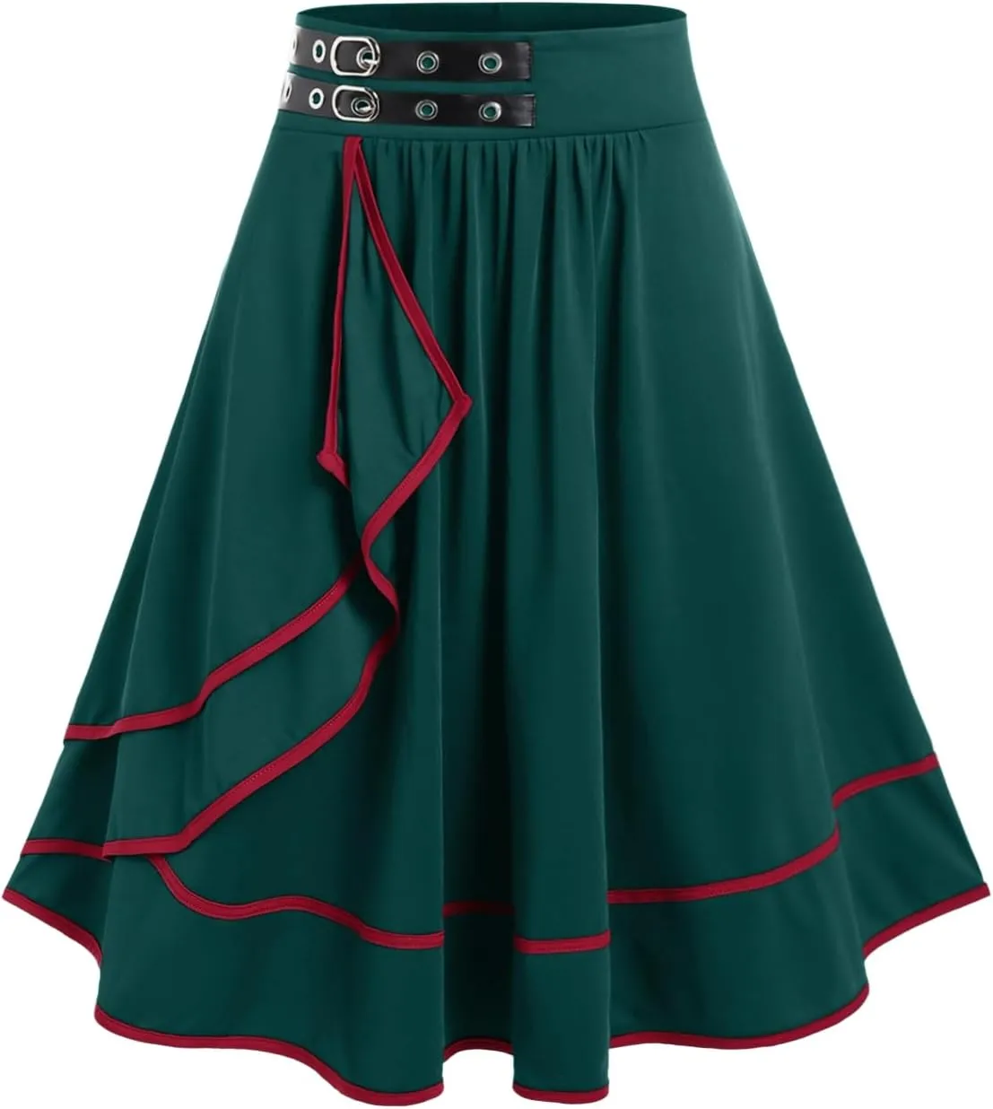 Rosegal Women's Plus Size Gothic Mini Skirt Contrast Tape Buckled Midi High Waist Elastic A-Line Skirt