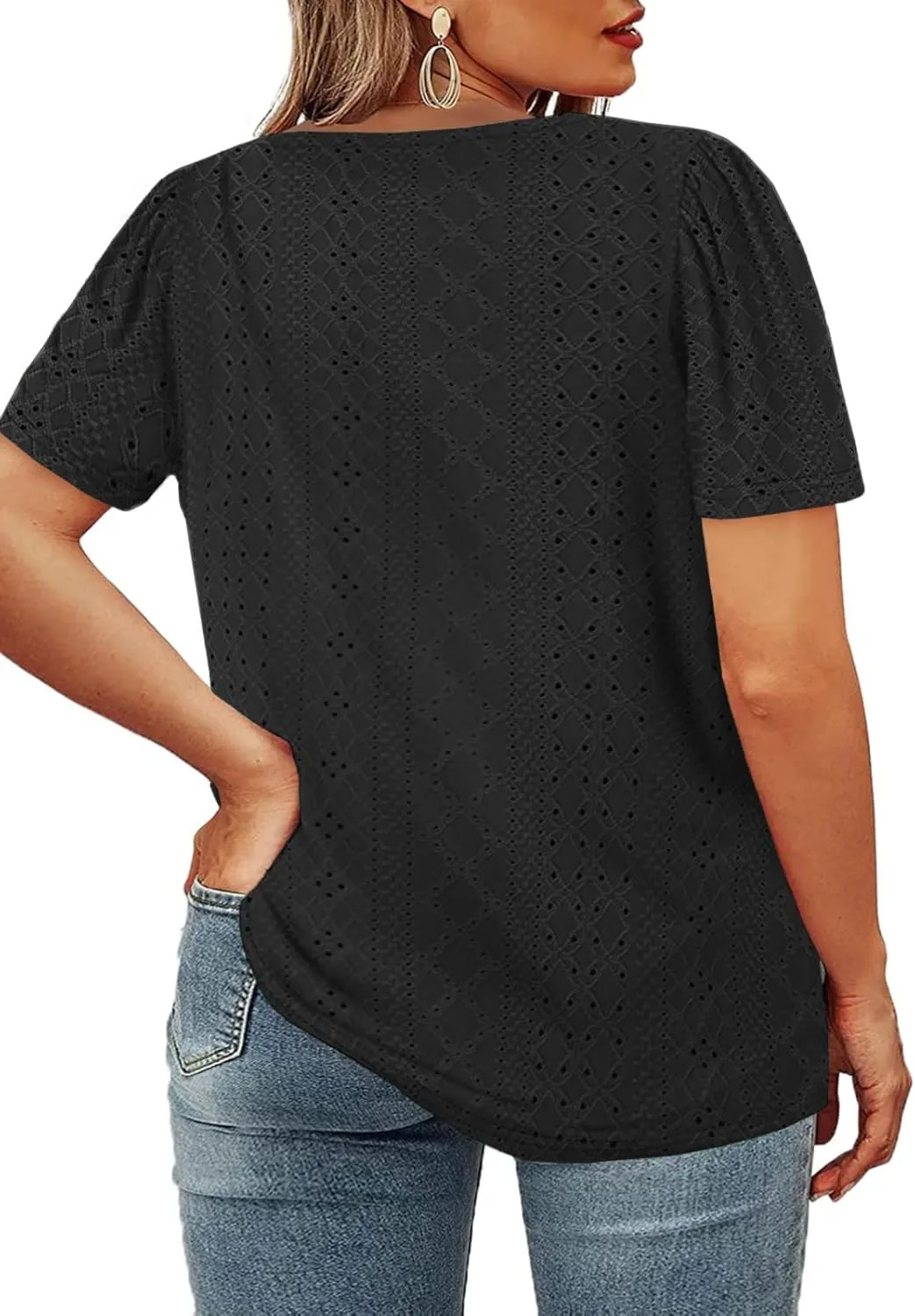 ROSRISS Womens Plus-Size Tops Summer Short Sleeve V Neck Eyelet Shirts