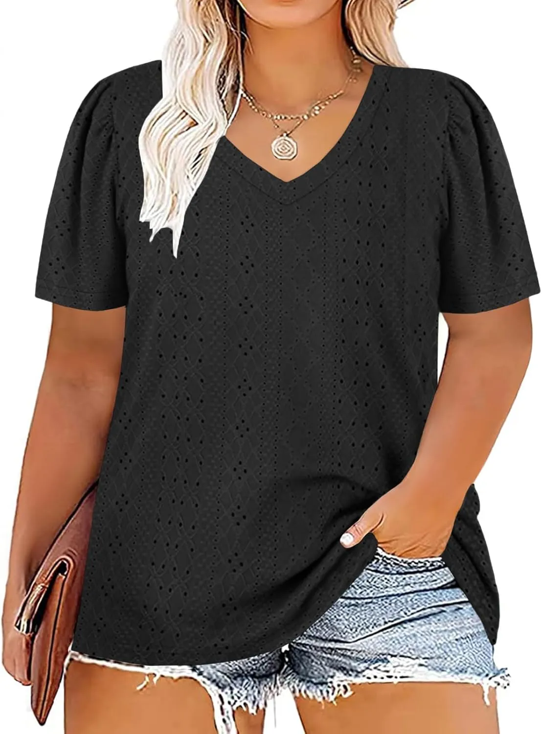 ROSRISS Womens Plus-Size Tops Summer Short Sleeve V Neck Eyelet Shirts
