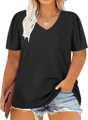 ROSRISS Womens Plus-Size Tops Summer Short Sleeve V Neck Eyelet Shirts
