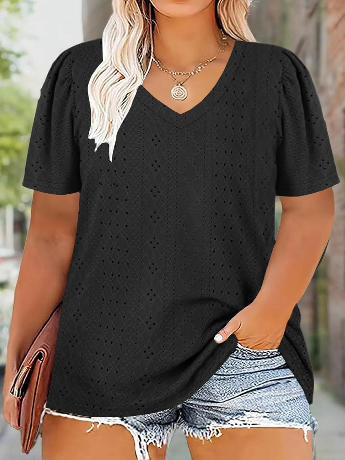 ROSRISS Womens Plus-Size Tops Summer Short Sleeve V Neck Eyelet Shirts