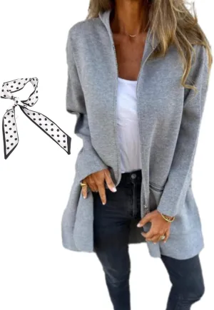 Round Neck Zipper Long Sleeve Casual Jacket,Womens Autumn Winter Full Zip Up Hoodies Trench Coat with Zip Pockets