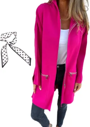 Round Neck Zipper Long Sleeve Casual Jacket,Womens Autumn Winter Full Zip Up Hoodies Trench Coat with Zip Pockets