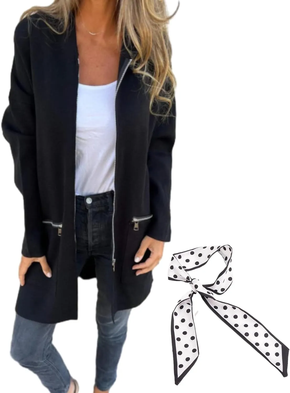 Round Neck Zipper Long Sleeve Casual Jacket,Womens Autumn Winter Full Zip Up Hoodies Trench Coat with Zip Pockets