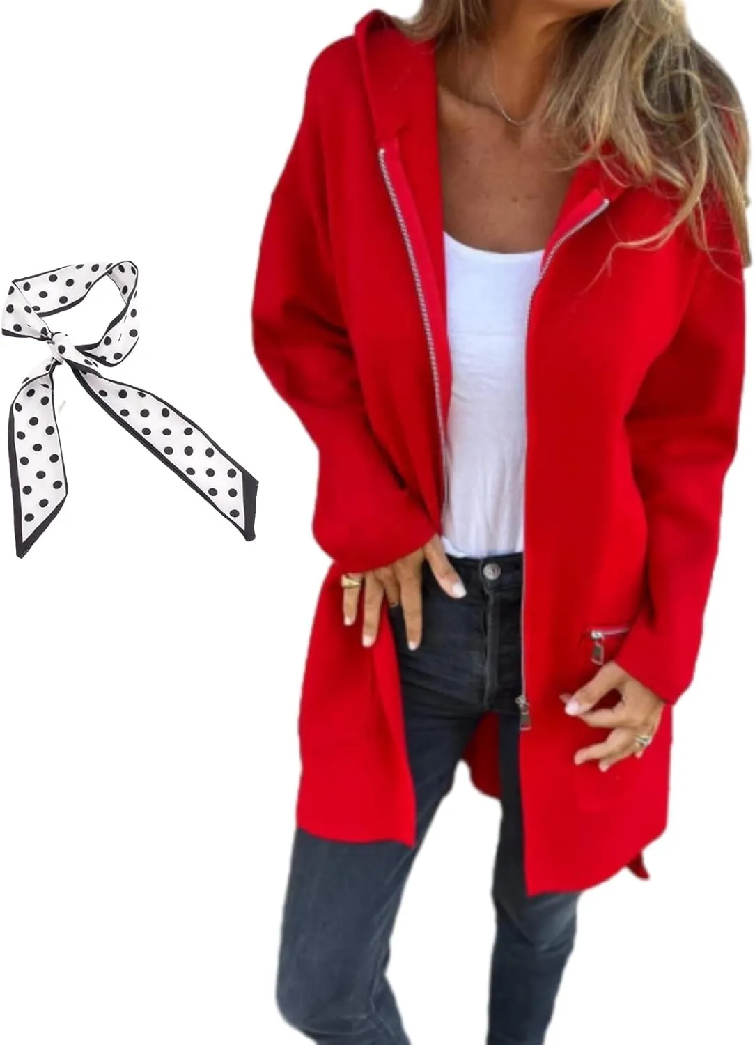 Round Neck Zipper Long Sleeve Casual Jacket,Womens Autumn Winter Full Zip Up Hoodies Trench Coat with Zip Pockets