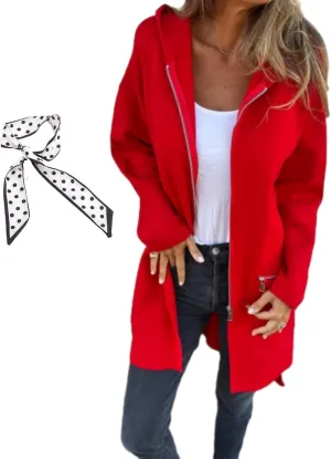 Round Neck Zipper Long Sleeve Casual Jacket,Womens Autumn Winter Full Zip Up Hoodies Trench Coat with Zip Pockets