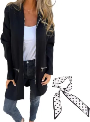 Round Neck Zipper Long Sleeve Casual Jacket,Womens Autumn Winter Full Zip Up Hoodies Trench Coat with Zip Pockets