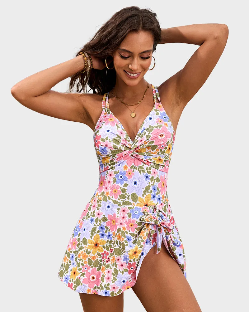 Ruched One-Piece Swim Dress with Knot Hem
