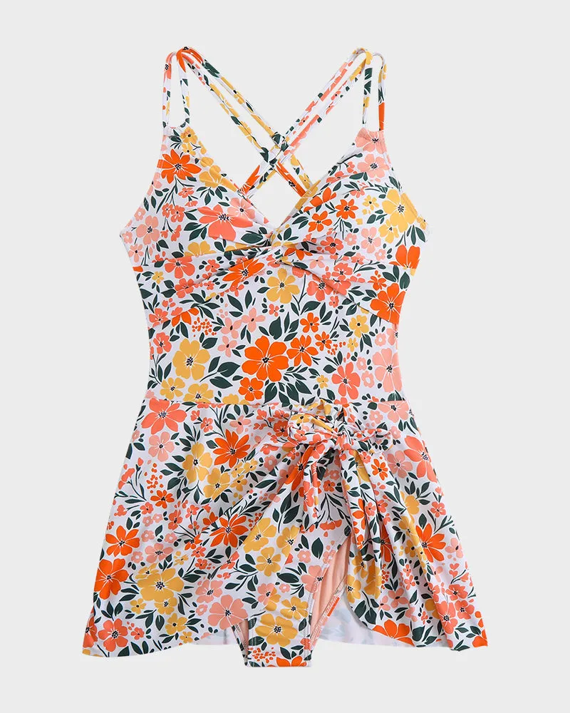 Ruched One-Piece Swim Dress with Knot Hem