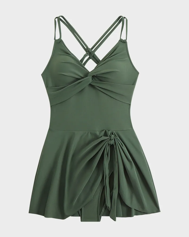 Ruched One-Piece Swim Dress with Knot Hem