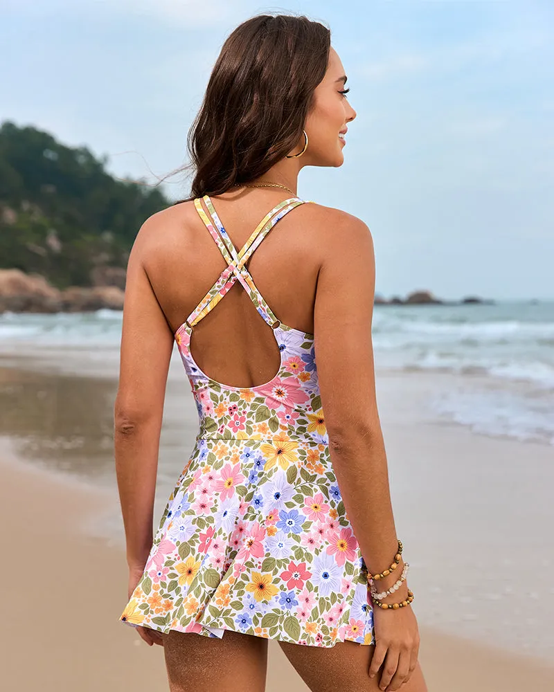 Ruched One-Piece Swim Dress with Knot Hem