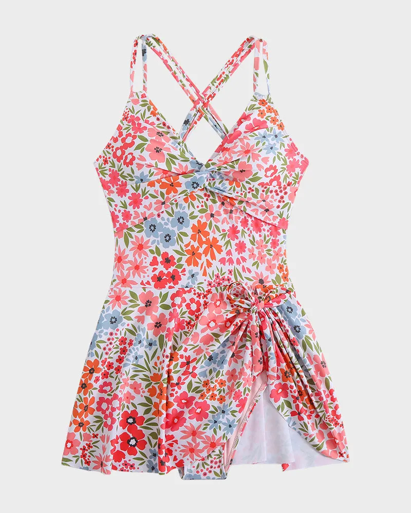 Ruched One-Piece Swim Dress with Knot Hem