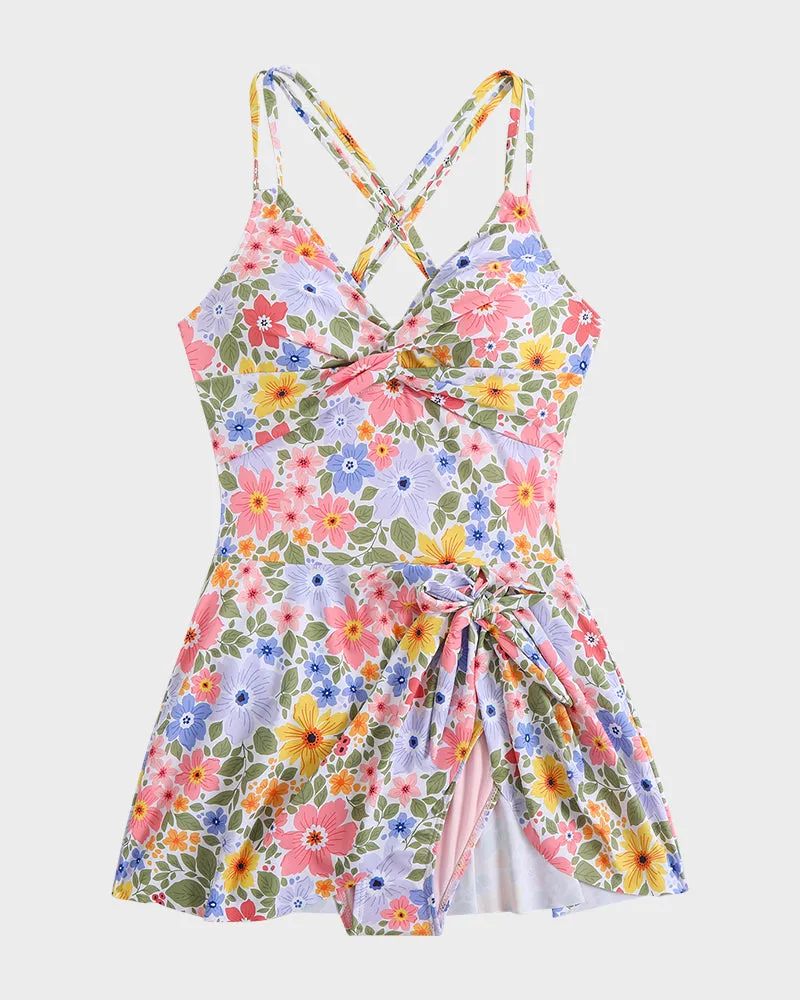 Ruched One-Piece Swim Dress with Knot Hem