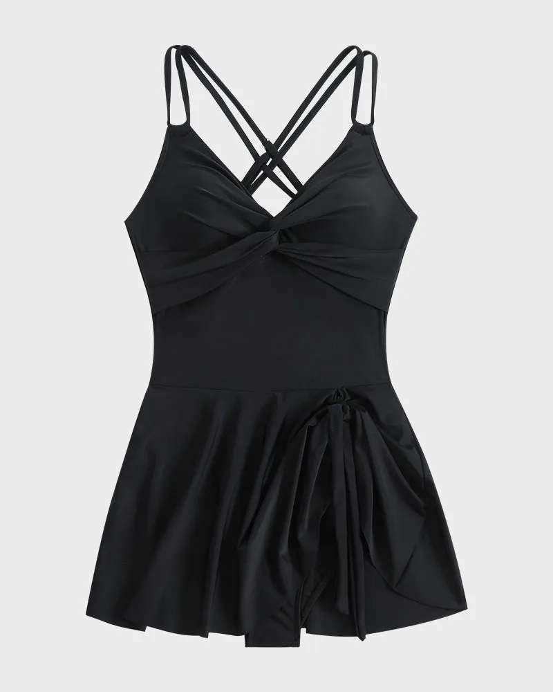 Ruched One-Piece Swim Dress with Knot Hem