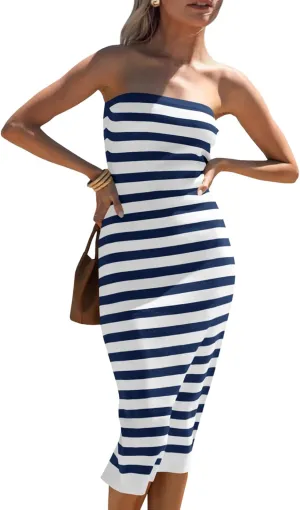 Saodimallsu Womens Bodycon Midi Tube Dress Summer Strapless Striped Long Casual Party Knit Dresses with Back Slit