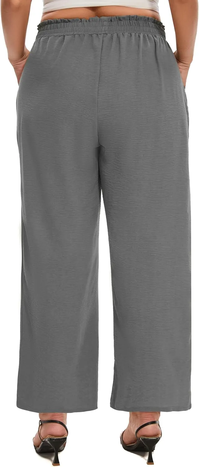 SEKINO Women's Plus Size Wide Leg Pants Loose Casual Flowy Pants Adjustable Knot Belted Lounge Beach Pants with Pockets