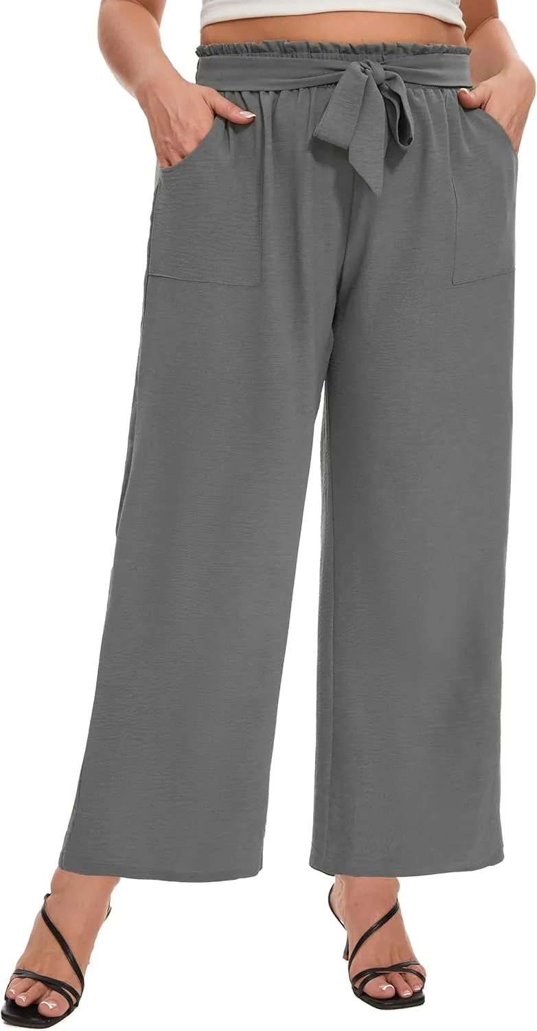 SEKINO Women's Plus Size Wide Leg Pants Loose Casual Flowy Pants Adjustable Knot Belted Lounge Beach Pants with Pockets
