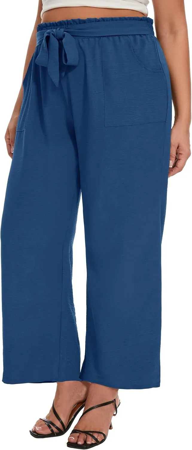 SEKINO Women's Plus Size Wide Leg Pants Loose Casual Flowy Pants Adjustable Knot Belted Lounge Beach Pants with Pockets